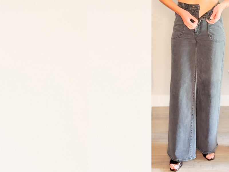 woman in morrison denim pants with zipper and button undone illustrating that murjer™ pants have full function zipper and button with maximum compression, scultping, shaping, and better butt™ lifting technology built in.