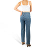 woman wearing murjer venice  shapewear straight leg jeans in blue color with built-in tummy control and better butt lifting technology. back view