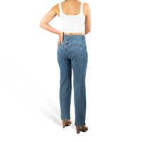 woman wearing murjer venice  shapewear straight leg jeans in blue color with built-in tummy control and better butt lifting technology. back view