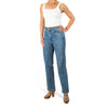woman wearing murjer venice  shapewear straight leg jeans in blue color with built-in tummy control and better butt lifting technology. front view